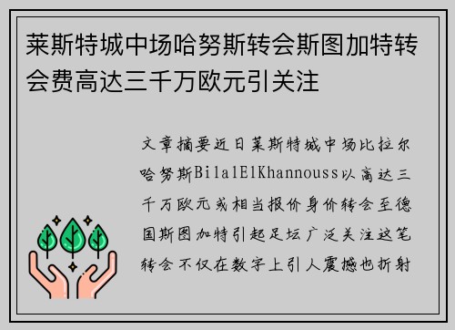 莱斯特城中场哈努斯转会斯图加特转会费高达三千万欧元引关注